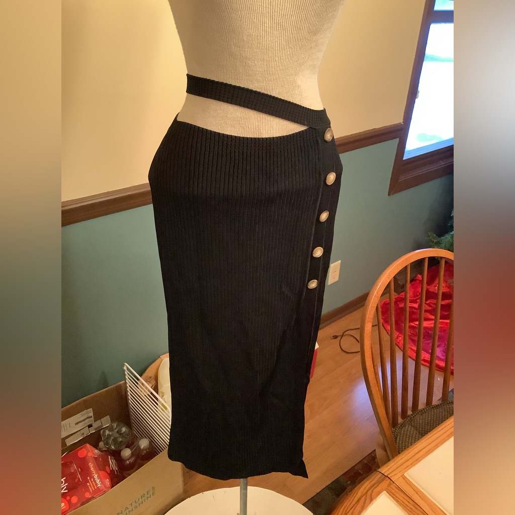 Anna October Cut Out Waist Pull On Knit Midi Skirt M Black Nwt